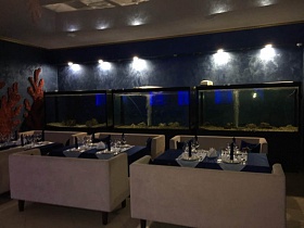 бежевые мягкие диваны вокруг сервированных столов с белыми салфетками на синей скатерти у аквариумов вдоль  синей стены с яркими светильниками в зале ресторана